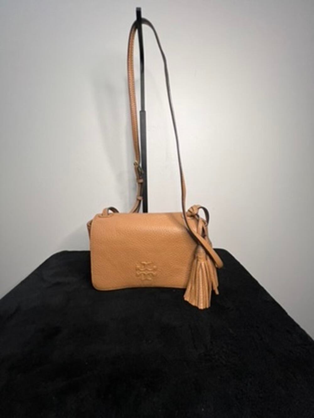 Tory Burch Thea Pebbled Leather Mini Flap Crossbody Bag Tiramisu Tassel